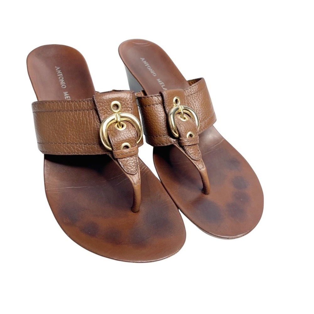 Antonio Melani stacked wedge brown leather thong heel/ gold buckle. Women 8M